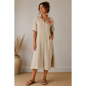 Bombay Paisley Tan Grid Dress Cardinal Embroidery M Button Down Unique Indie